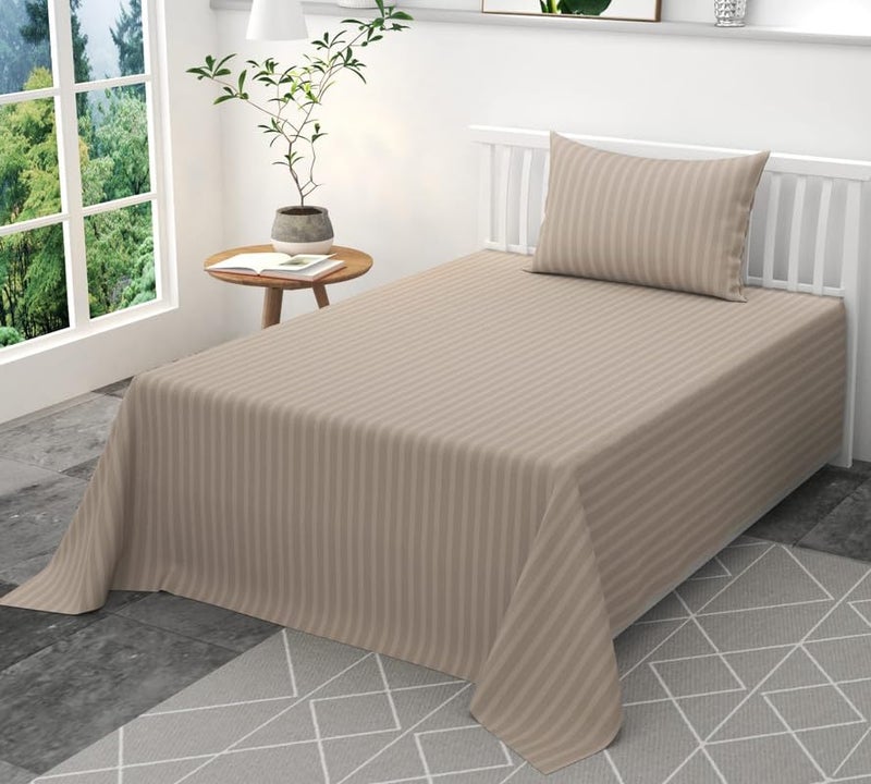 TRIPURARI شيت سرير مفرد بخطوط ساتان من قطن غلاسي 210 TC مع غطاء وسادة واحد للمنزل والفندق (60X90) بوصة (عبوة من 1، بيج) - Image 1