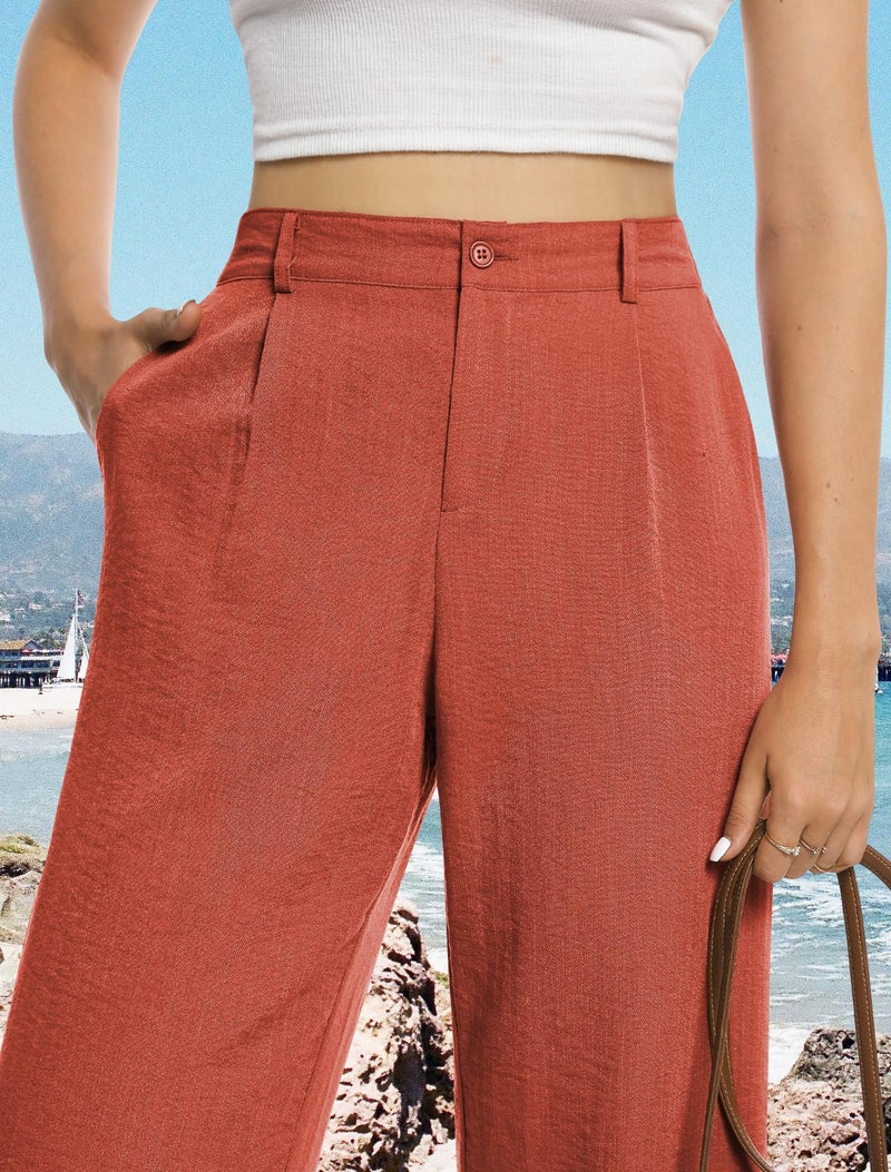 Feiersi Womens Casual Wide Leg Pants High Waisted Button Down Straight Long Trousers Palazzo Pants(Rose Red,Medium) - Image 2