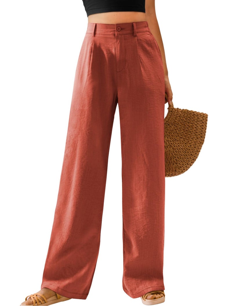 Feiersi Womens Casual Wide Leg Pants High Waisted Button Down Straight Long Trousers Palazzo Pants(Rose Red,Medium) - Image 1