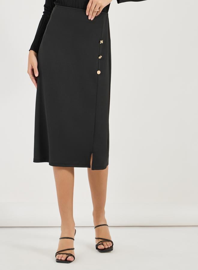 Styli Straight Fit Midi Skirt with Side Slit & Button Detail  - Image 2