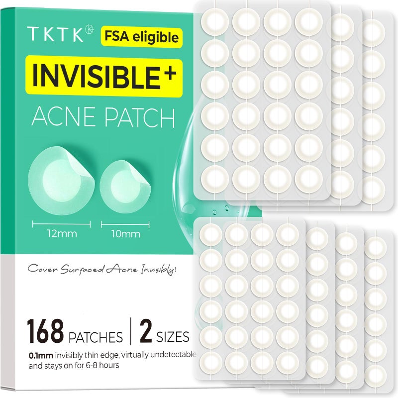 TKTK Pimple Patches for Face, 0.01cm Ultra-Thin Invisible Acne Patches, Hydrocolloid Patches for Breakouts, Absorbs Zits & Blemish, Suitable Under Makeup, 2 Sizes(10mm/12mm) 168 count - Image 1