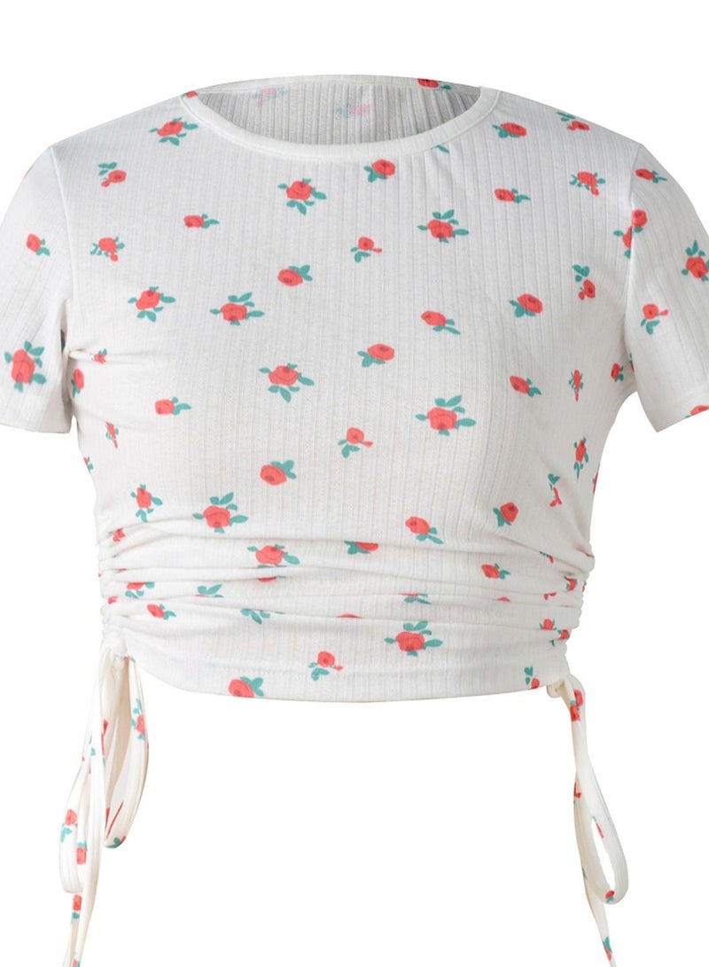 Loquat Summer Printed Women's Drawstring Short Style Round Neck Casual T-Shirt  - Image 3