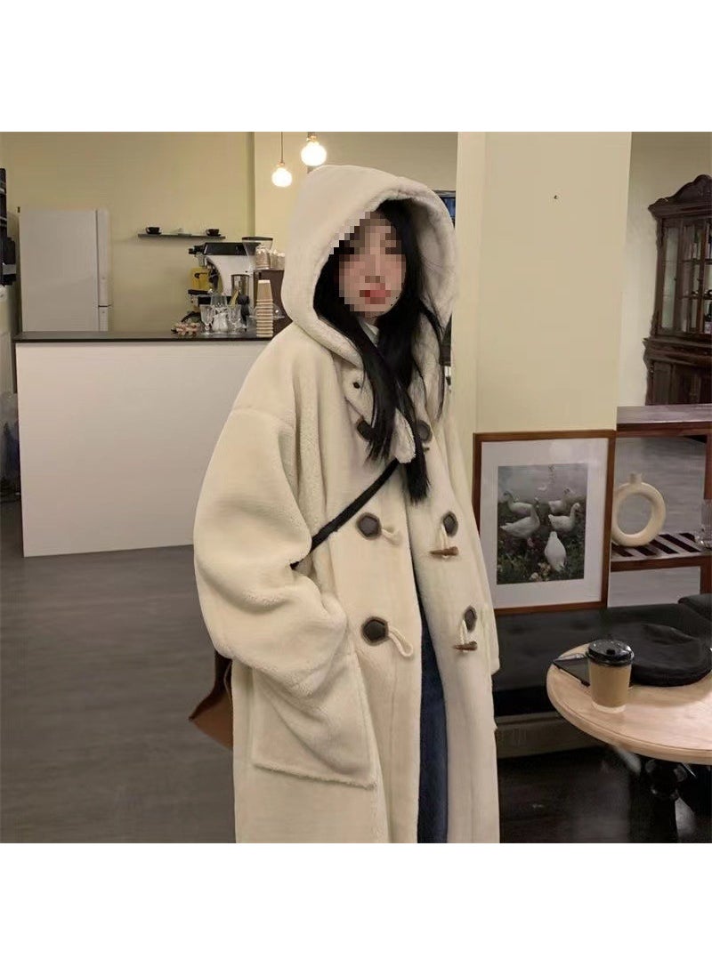 Generic - Longline Horn Button Lambswool Coat Women Autumn Winter Warm Hooded Apricot brown - Image 1