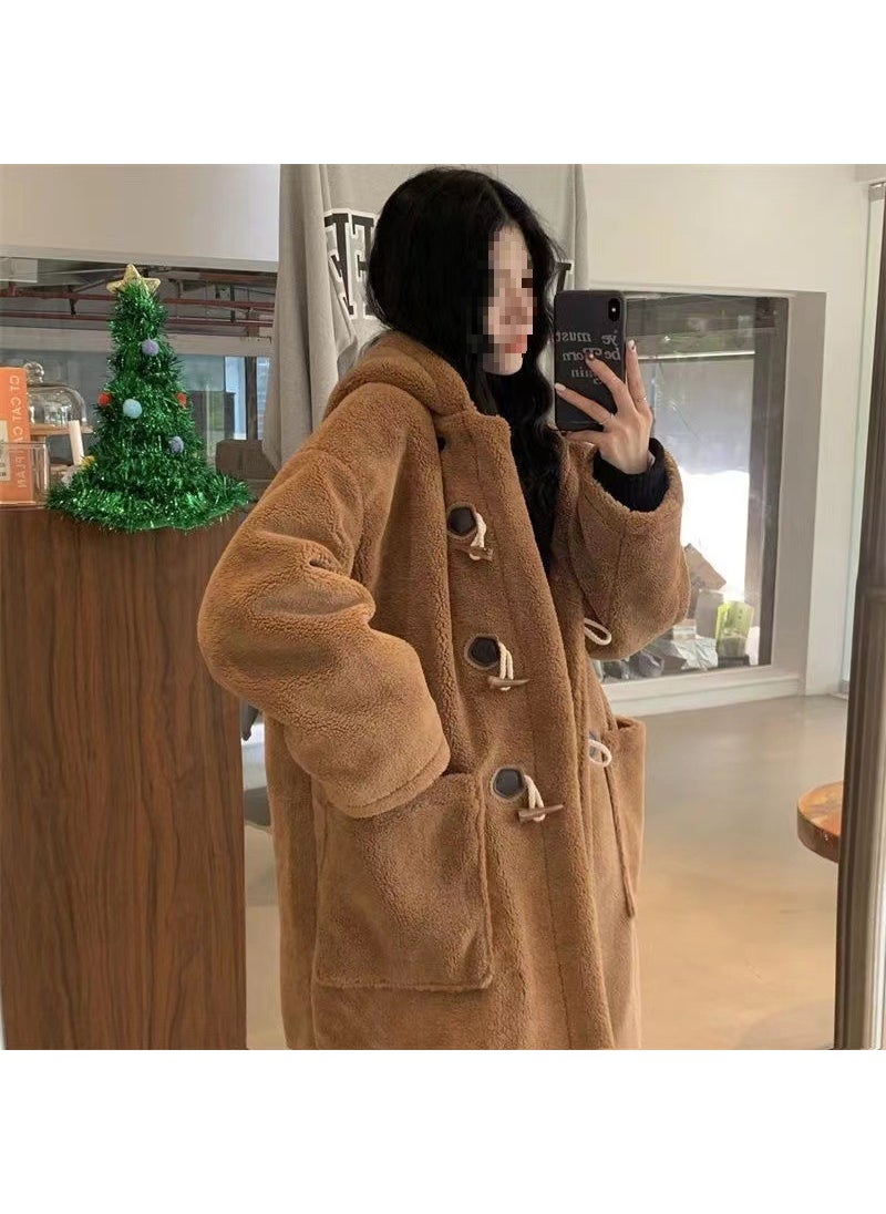 Generic - Longline Horn Button Lambswool Coat Women Autumn Winter Warm Hooded Apricot brown - Image 1