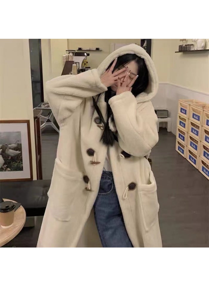 Generic - Longline Horn Button Lambswool Coat Women Autumn Winter Warm Hooded Apricot brown - Image 1