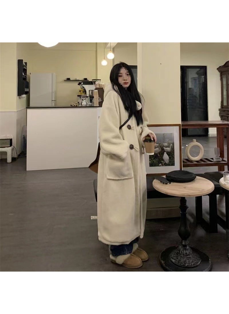 Generic - Longline Horn Button Lambswool Coat Women Autumn Winter Warm Hooded Apricot brown - Image 1