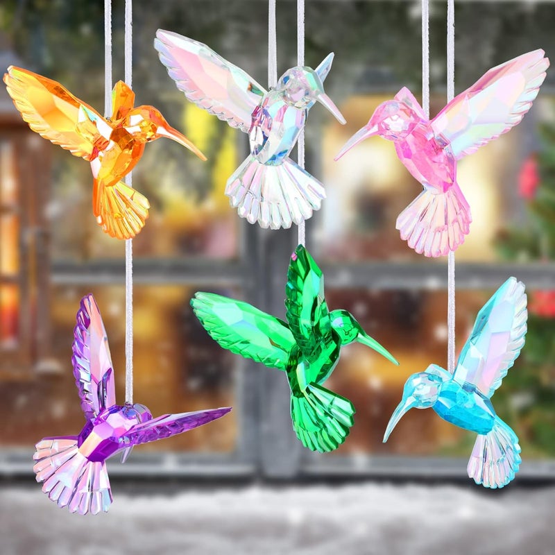 Qunclay 6 Pcs Hummingbird Hanging Ornaments Acrylic Crystal Hummingbird Suncatchers Decor Shiny Iridescent Bird Figurines Hanging for Trees Decorations Party Favor - Image 1