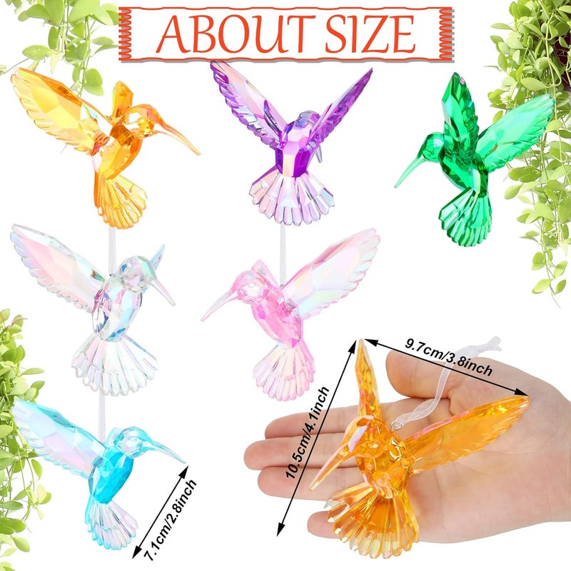 Qunclay 6 Pcs Hummingbird Hanging Ornaments Acrylic Crystal Hummingbird Suncatchers Decor Shiny Iridescent Bird Figurines Hanging for Trees Decorations Party Favor - Image 2