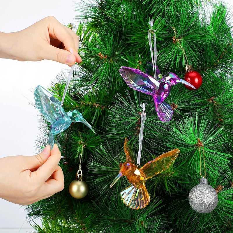 Qunclay 6 Pcs Hummingbird Hanging Ornaments Acrylic Crystal Hummingbird Suncatchers Decor Shiny Iridescent Bird Figurines Hanging for Trees Decorations Party Favor - Image 3