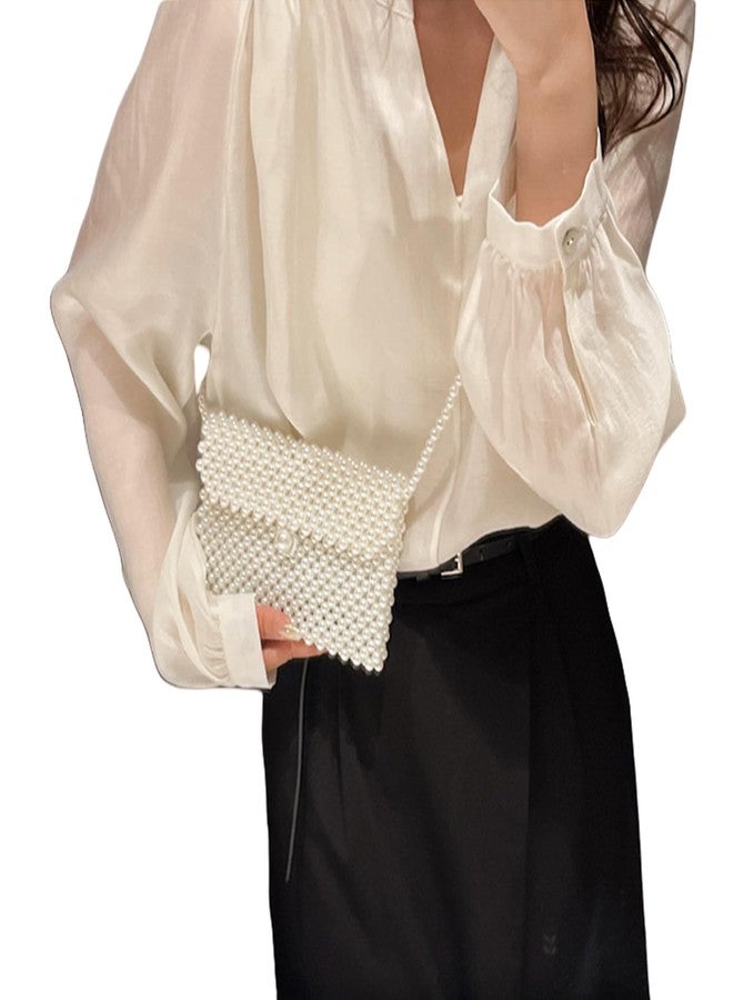 Amamcy Women's White Beaded Pearl Handbag - Vintage Clutch Wristlet Mini Evening Bag for Party (Big) - Image 2