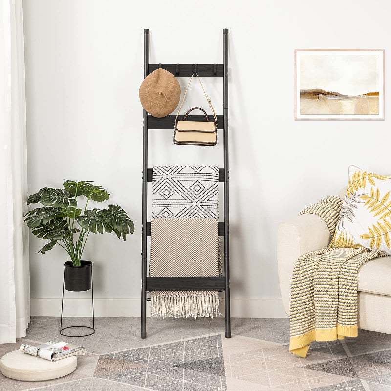 HOOBRO Blanket Ladder, 5-Tier Towel Rack with Hooks, Wall-Leaning Blanket Rack, Decorative Display Ladder Shelf, Scarves, Industrial, Living Room, Bedroom, Black BB52CJ01 - Image 5