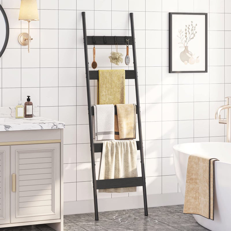 HOOBRO Blanket Ladder, 5-Tier Towel Rack with Hooks, Wall-Leaning Blanket Rack, Decorative Display Ladder Shelf, Scarves, Industrial, Living Room, Bedroom, Black BB52CJ01 - Image 2