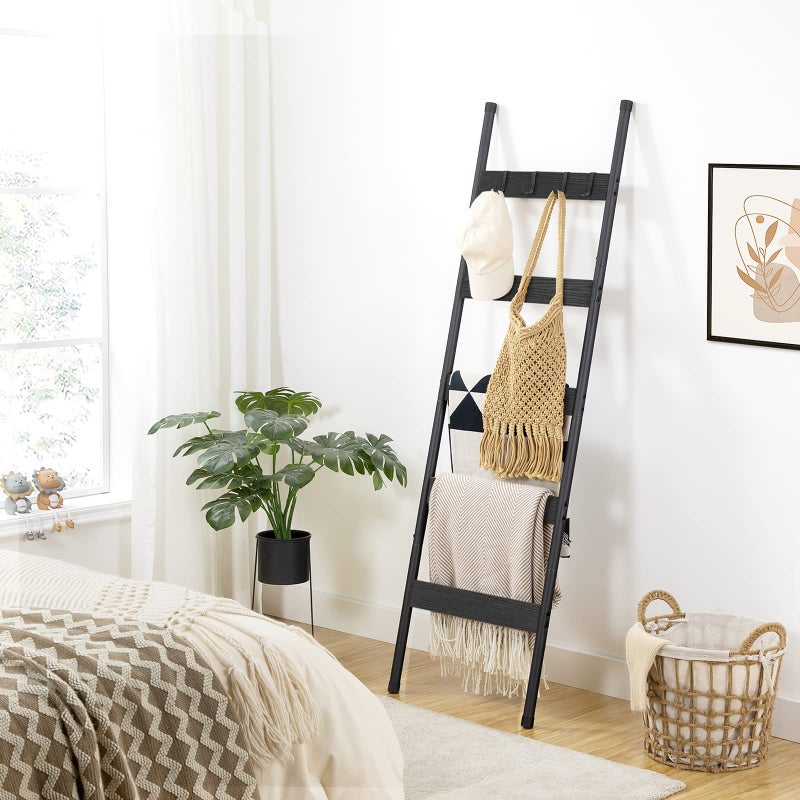 HOOBRO Blanket Ladder, 5-Tier Towel Rack with Hooks, Wall-Leaning Blanket Rack, Decorative Display Ladder Shelf, Scarves, Industrial, Living Room, Bedroom, Black BB52CJ01 - Image 3