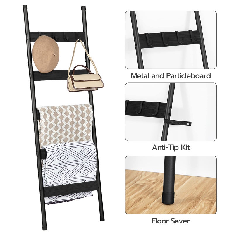 HOOBRO Blanket Ladder, 5-Tier Towel Rack with Hooks, Wall-Leaning Blanket Rack, Decorative Display Ladder Shelf, Scarves, Industrial, Living Room, Bedroom, Black BB52CJ01 - Image 4