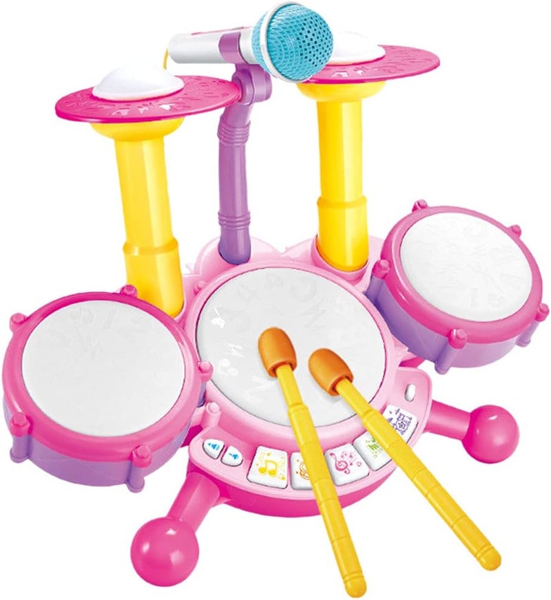 klarako Beginners Musical Tabletop Drum Kit Play Set with Drum Sticks, Microphone, Light Features, Interactive Music and Sounds for Babies Kids and Toddlers - Pink - Image 1