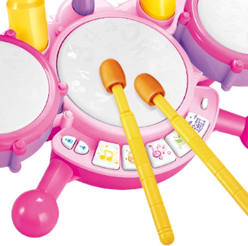 klarako Beginners Musical Tabletop Drum Kit Play Set with Drum Sticks, Microphone, Light Features, Interactive Music and Sounds for Babies Kids and Toddlers - Pink - Image 2