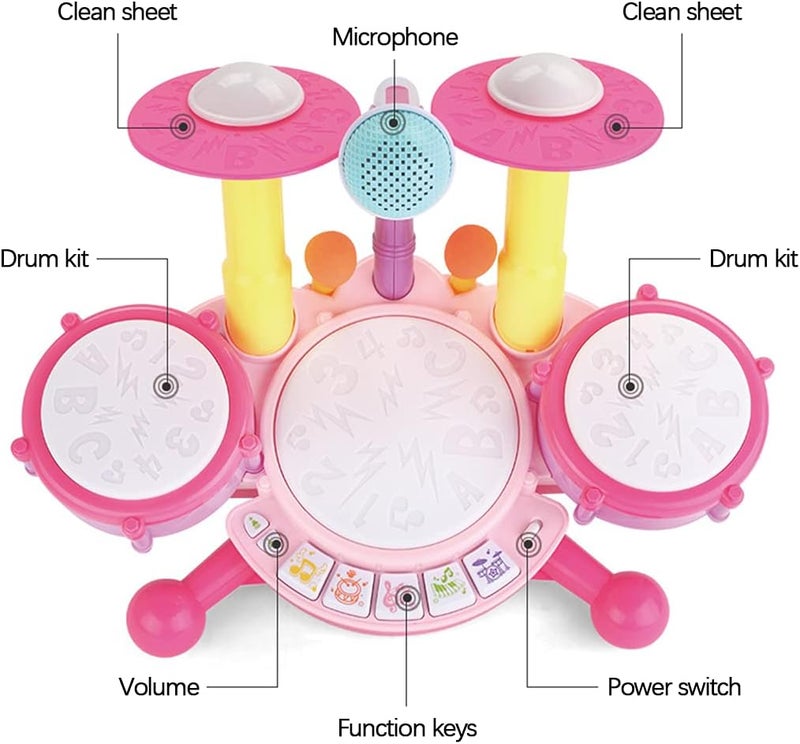 klarako Beginners Musical Tabletop Drum Kit Play Set with Drum Sticks, Microphone, Light Features, Interactive Music and Sounds for Babies Kids and Toddlers - Pink - Image 4