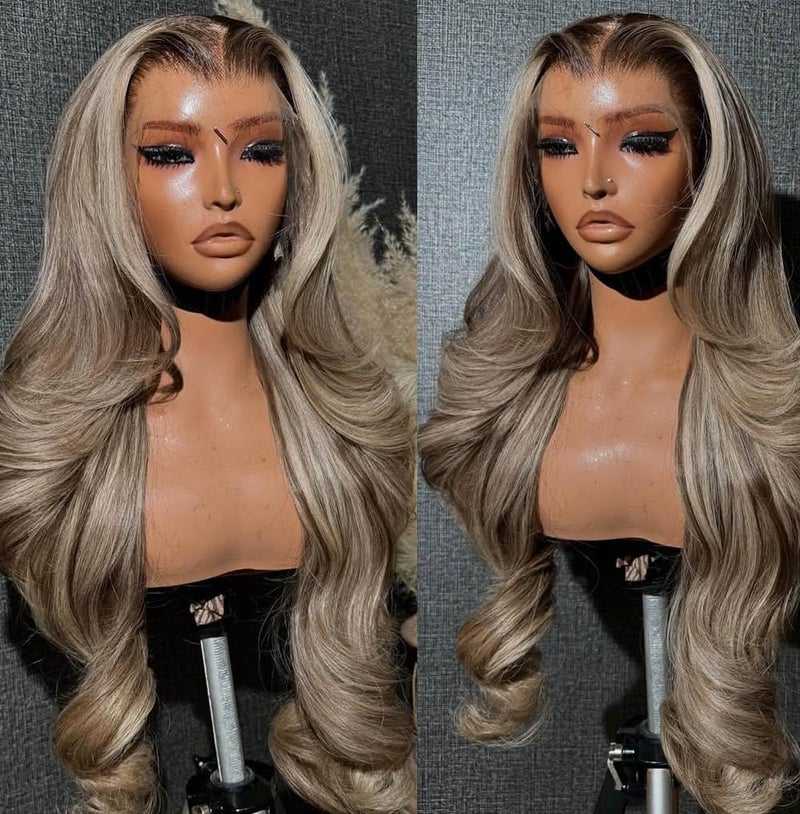 Rina 13x6 Ombre Milk Tea Ash Blonde with Brown Highlights Lace Front Wig Human Hair 210% Density Upgreads Ombre Roots Ash Blonde Highlights Brown Wigs Pre Plucked 13x6 Hd Lace Wig for Women 26 Inch - Image 2