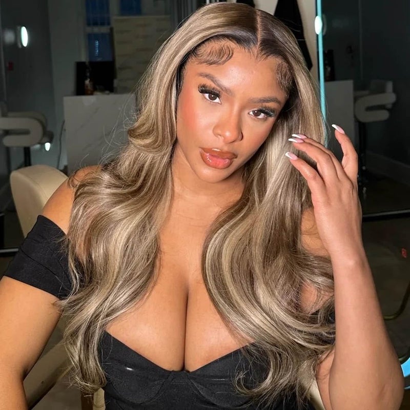 Rina 13x6 Ombre Milk Tea Ash Blonde with Brown Highlights Lace Front Wig Human Hair 210% Density Upgreads Ombre Roots Ash Blonde Highlights Brown Wigs Pre Plucked 13x6 Hd Lace Wig for Women 26 Inch - Image 5