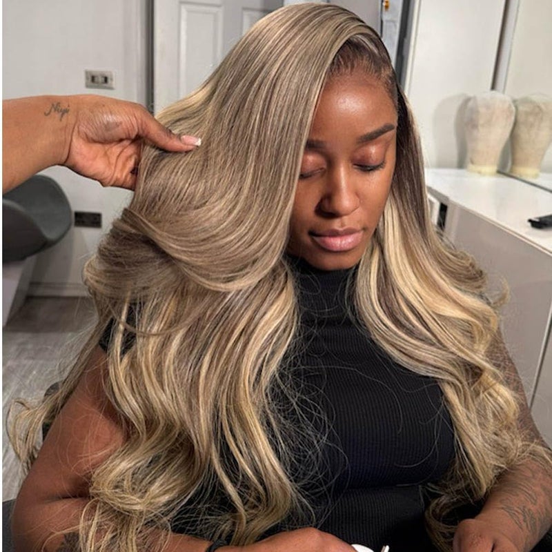 Rina 13x6 Ombre Milk Tea Ash Blonde with Brown Highlights Lace Front Wig Human Hair 210% Density Upgreads Ombre Roots Ash Blonde Highlights Brown Wigs Pre Plucked 13x6 Hd Lace Wig for Women 26 Inch - Image 3
