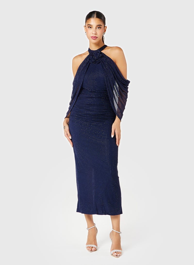 ثريدز باي اجوني فستان ميدي لامع بياقة هالتر - Image 1