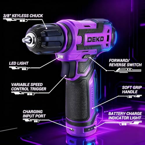 DEKOPRO Cordless Drill：DEKOPRO 12V Power Drill Set 800RPM Electric Drills Small Drills with 3/8-inch Keyless Chuck and Portable Tool Set Gift Box (Purple) - Image 2