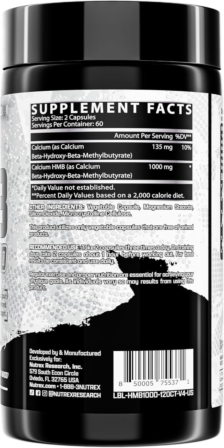 Nutrex Research نوتريكس ريسيرش HMB 1000 ملغ يدعم استعادة العضلات يقلل من تلف العضلات الهيكلية يزيد من القوة يمنع فقدان العضلات 120 كبسولة - Image 4