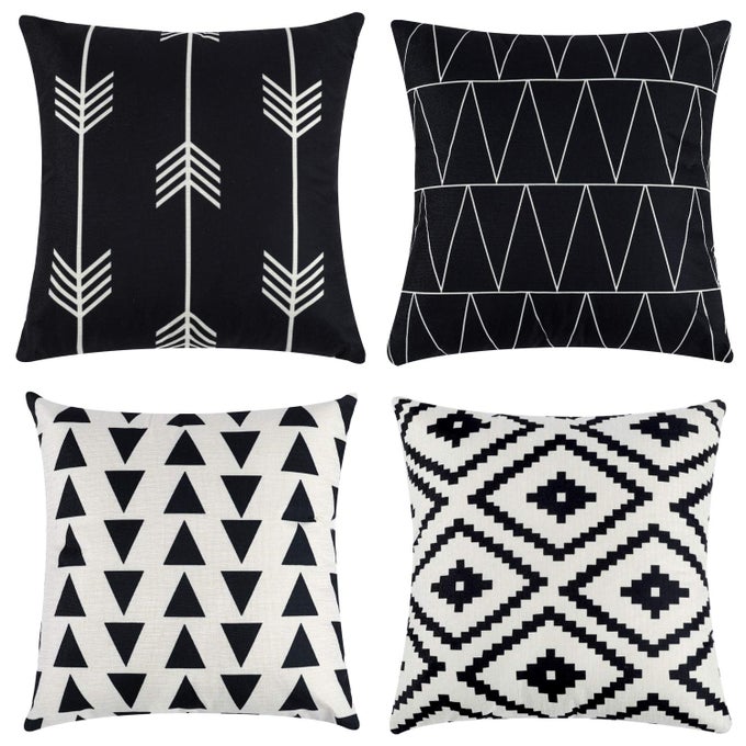 SET OF 4 DECORATIVE GEOMETRIC 16 X 16 INCHES THROW PILLOW COVERS MODERN PATTERN LINEN SQUARE PILLOW CUSHION CASE FOR SOFA COUCH BED HOME OUTDOOR CAR 16 X 16 BLACK