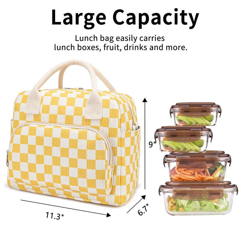 OYLOLA Lunch Bag Women Lunch Box for Women Adult Cute Insulated Lunch Bag Lager Cooler Lunch Tote Bags for Work Picnic (Beige-Yellow Plaid) - Image 3