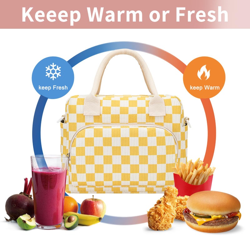 OYLOLA Lunch Bag Women Lunch Box for Women Adult Cute Insulated Lunch Bag Lager Cooler Lunch Tote Bags for Work Picnic (Beige-Yellow Plaid) - Image 4