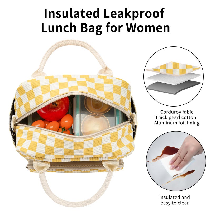 OYLOLA Lunch Bag Women Lunch Box for Women Adult Cute Insulated Lunch Bag Lager Cooler Lunch Tote Bags for Work Picnic (Beige-Yellow Plaid) - Image 5