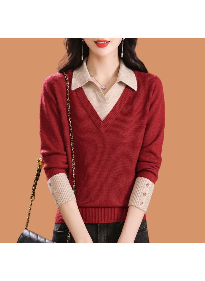 Generic - Two-Piece Illusion Sweater Womens Stylish Color Block Knitted Pullover Top Loose-Fit Base Layer Sweater For Autumn Winter Brown - Image 1