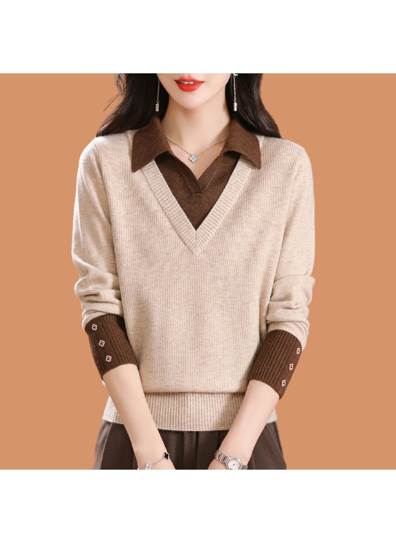 Generic - Two-Piece Illusion Sweater Womens Stylish Color Block Knitted Pullover Top Loose-Fit Base Layer Sweater For Autumn Winter Brown - Image 1