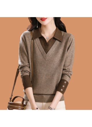 Two-Piece Illusion Sweater Womens Stylish Color Block Knitted Pullover Top Loose-Fit Base Layer Sweater For Autumn Winter Brown - pzsku/Z43C2BA5836DB58713545Z/45/1746220450/09d74dd2-a450-4a4f-a6ee-6bd67321d5b0