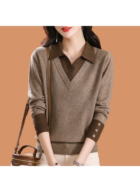 Two-Piece Illusion Sweater Womens Stylish Color Block Knitted Pullover Top Loose-Fit Base Layer Sweater For Autumn Winter Brown