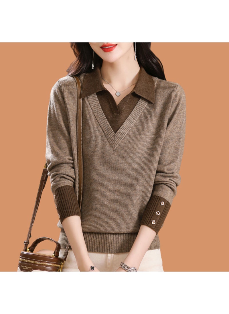 Generic - Two-Piece Illusion Sweater Womens Stylish Color Block Knitted Pullover Top Loose-Fit Base Layer Sweater For Autumn Winter Brown - Image 1