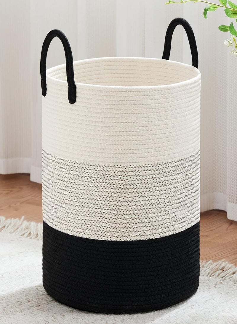 Arabest Cotton Rope Laundry Hamper, Tall Woven Laundry Basket Storage, Baby Nursery Hamper for Blankets, Toys and Clothes Hamper for Bedroom and Living Room Organizing, 58L, Black & White - Image 1
