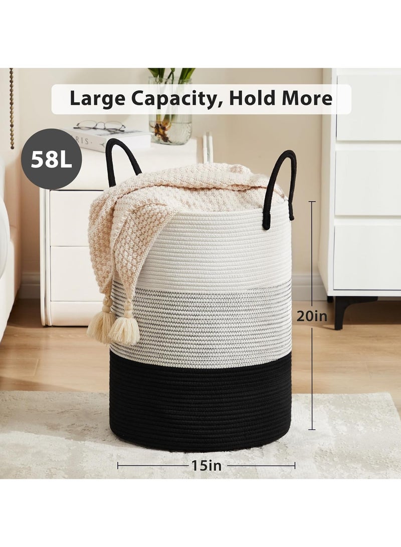 Arabest Cotton Rope Laundry Hamper, Tall Woven Laundry Basket Storage, Baby Nursery Hamper for Blankets, Toys and Clothes Hamper for Bedroom and Living Room Organizing, 58L, Black & White - Image 4