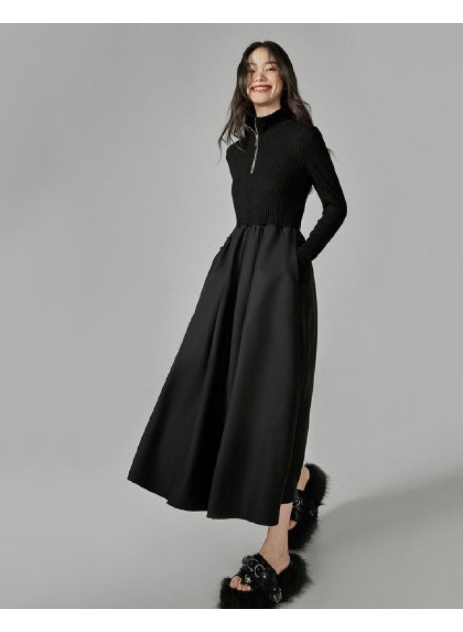 EPTISON Women'S Dress, Autumn Mid-Length Style, Half-Zip Design, Slim-Fit, Mixed Material Patchwork, Large Flared Skirt, Knitted Dress - Image 1