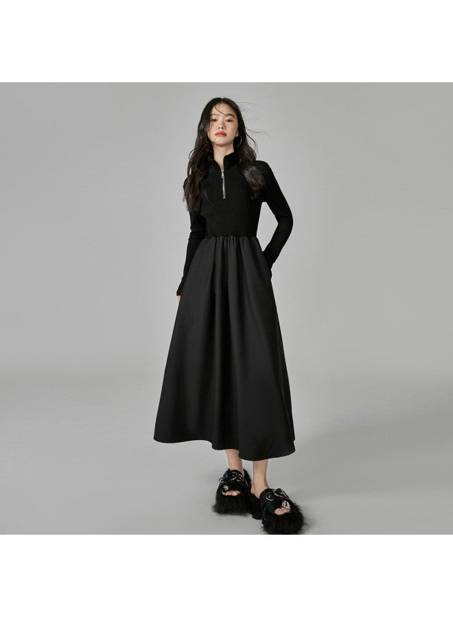 EPTISON Women'S Dress, Autumn Mid-Length Style, Half-Zip Design, Slim-Fit, Mixed Material Patchwork, Large Flared Skirt, Knitted Dress - Image 3