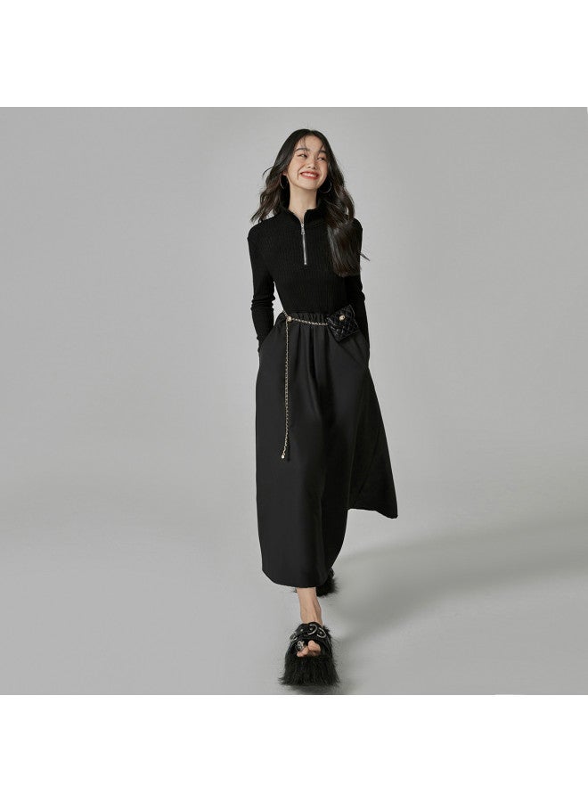 EPTISON Women'S Dress, Autumn Mid-Length Style, Half-Zip Design, Slim-Fit, Mixed Material Patchwork, Large Flared Skirt, Knitted Dress - Image 4