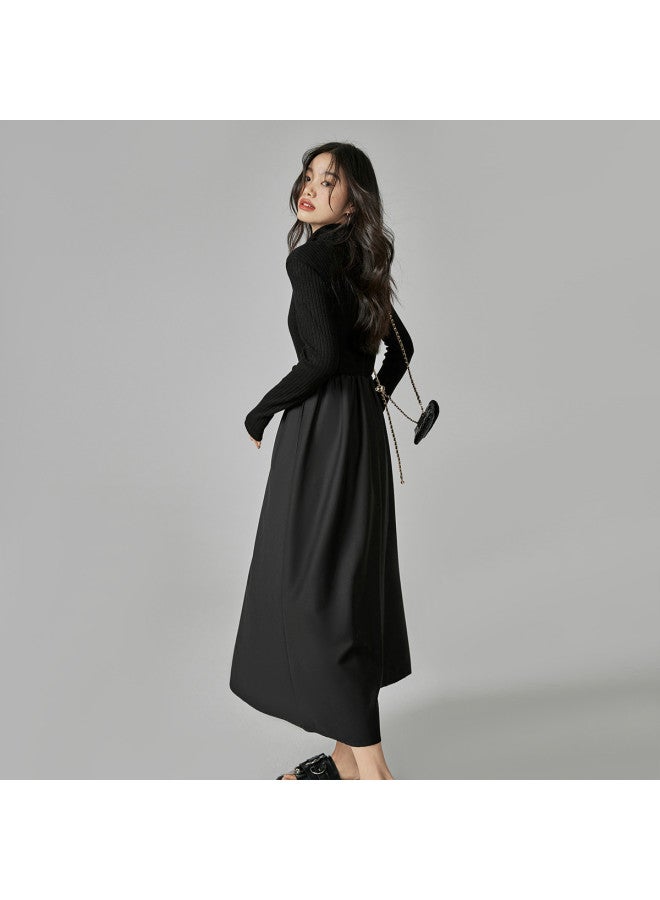 EPTISON Women'S Dress, Autumn Mid-Length Style, Half-Zip Design, Slim-Fit, Mixed Material Patchwork, Large Flared Skirt, Knitted Dress - Image 5