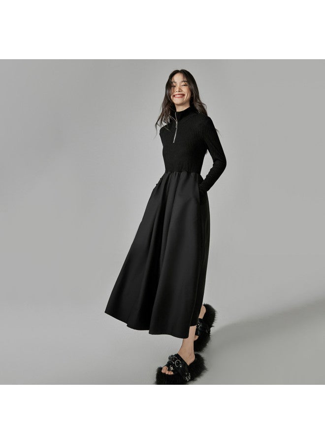 EPTISON Women'S Dress, Autumn Mid-Length Style, Half-Zip Design, Slim-Fit, Mixed Material Patchwork, Large Flared Skirt, Knitted Dress - Image 2