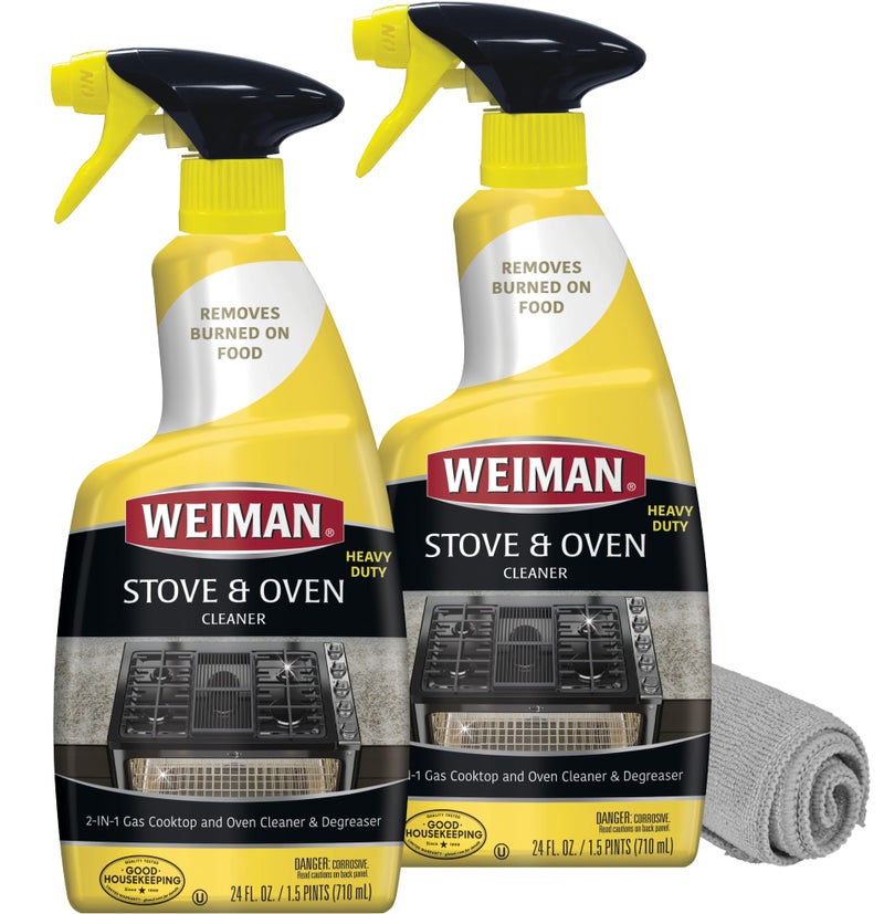 Weiman Heavy Duty Stove and Oven Cleaner and Degreaser for Glass, Ceramic Cooktops, BBQ grill grates - 2 Pack, 24 Oz w/MicroFiber Towel - Image 1