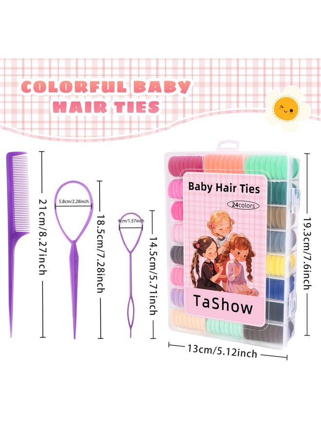 TaShow 360 Pcs Baby Hair Ties, 24 Colors Cotton Toddler Hair Ties with Organizer Box, 1 Inch Seamless Baby Hair Bands for Toddler Girls, Soft Elastic Ponytail Holders with 5 Hair Loop Styling Tools - Image 2
