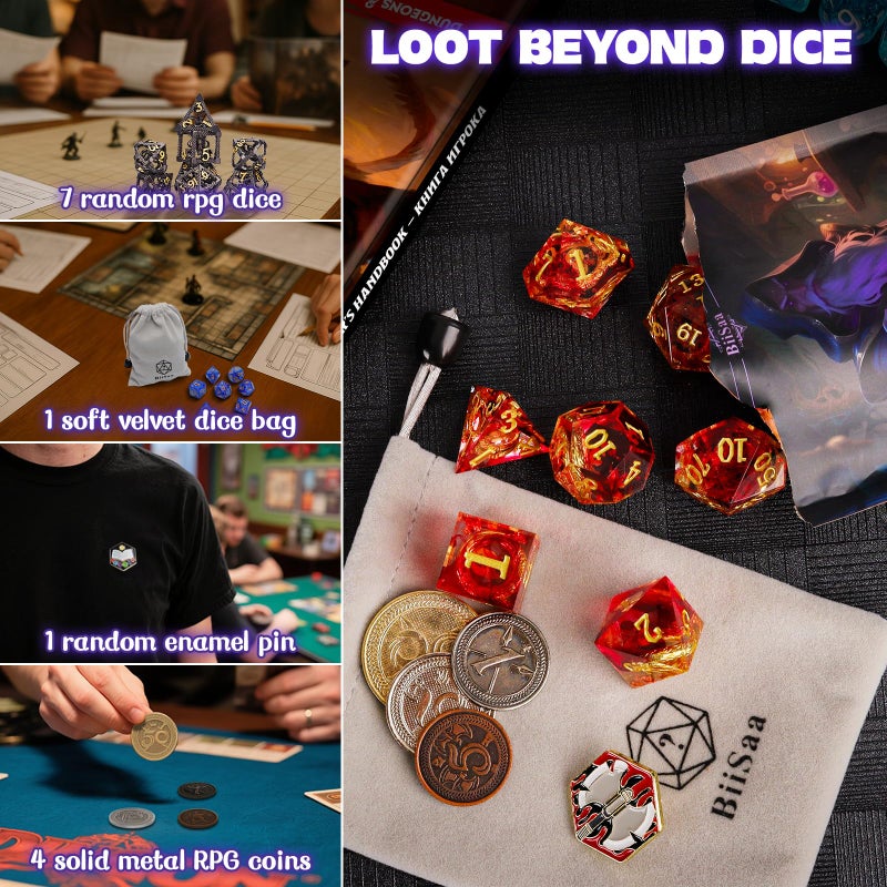 BiiSaa DND Mystery Dice Set â€“ 7 Random Polyhedral RPG Dice, 4 Metal Coins, Enamel Pin & Velvet Bag â€“ 1 in 10 Chance to Get Premium Dice â€“ Gift for TTRPG Player, DM & Dice Goblin (Standard Edition) - Image 5