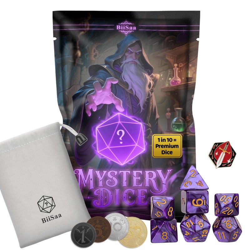 BiiSaa DND Mystery Dice Set â€“ 7 Random Polyhedral RPG Dice, 4 Metal Coins, Enamel Pin & Velvet Bag â€“ 1 in 10 Chance to Get Premium Dice â€“ Gift for TTRPG Player, DM & Dice Goblin (Standard Edition) - Image 1