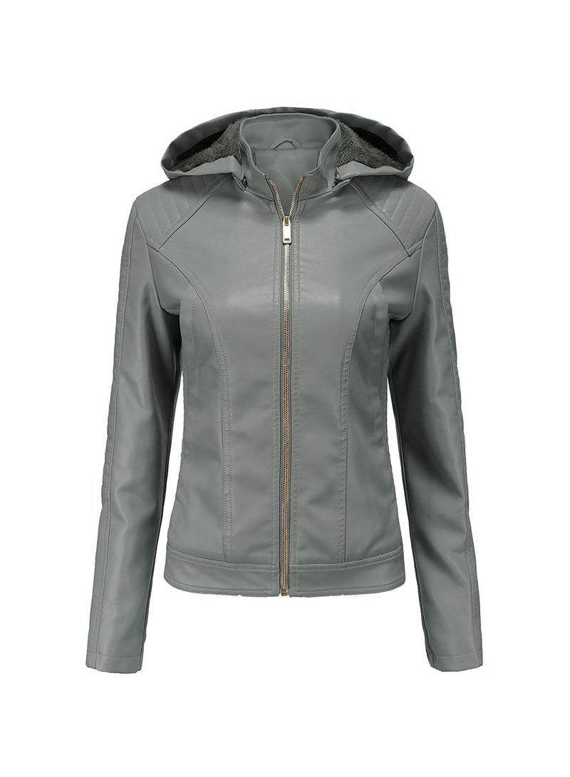 Loquat Women's Detachable Hat With Plush And Warm Leather Jacket Grey - Image 1