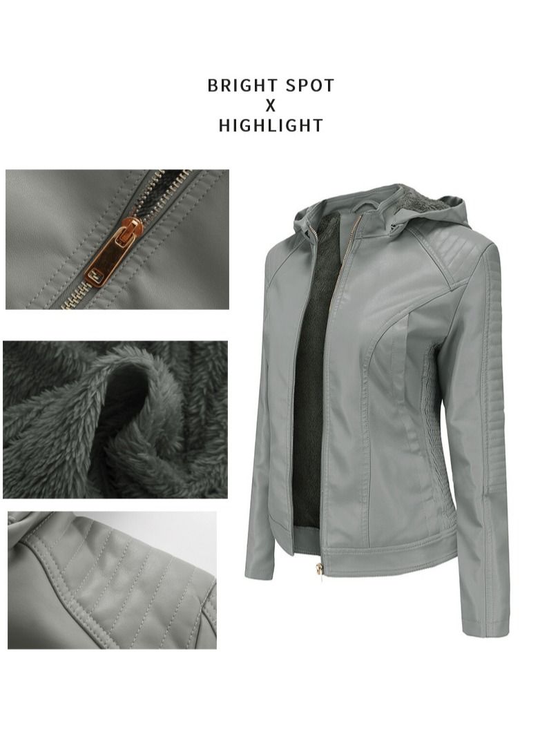 Loquat Women's Detachable Hat With Plush And Warm Leather Jacket Grey - Image 2