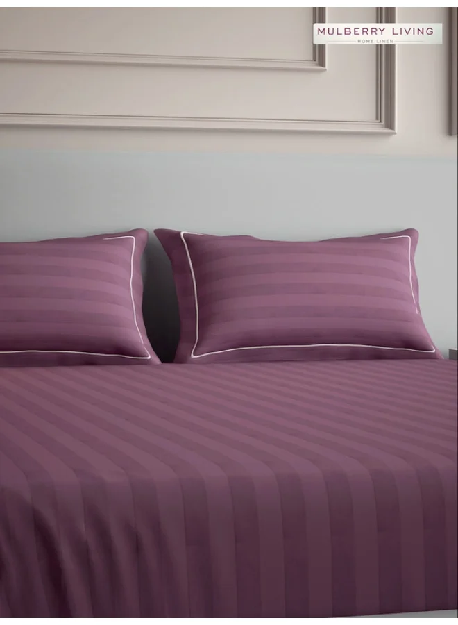 MULBERRY LIVING 100% Cotton - 300Tc Elysian Stripes Queen Size (250X260 Cms) Flat Bedsheet With 2 Pillow Covers (50X75 Cm) - Plum